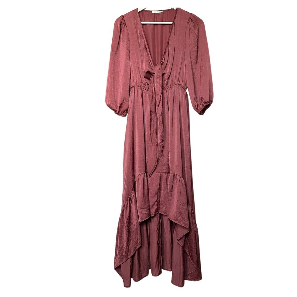 Baevely High Low Maxi Dress Womens S Tie Front Satin Effect Peasant Sleeve VNeck
